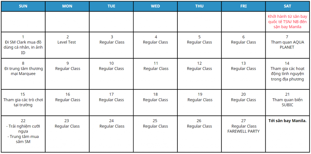 Lịch trình chung cho chương trình trại hè EG Philippines